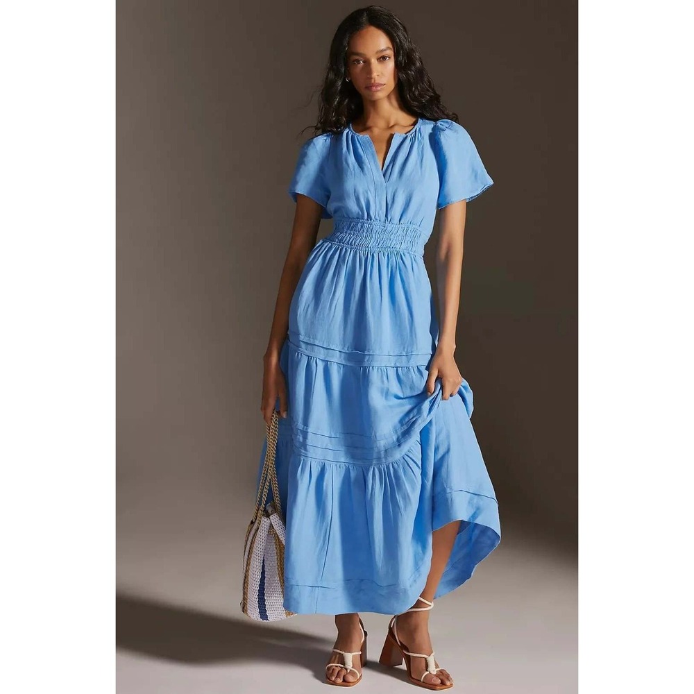 Anthropologie Somerset Linen Blend Maxi Dress Womens XL Blue Tiered Euro Summer